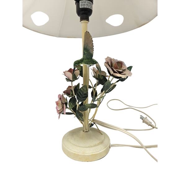 Vintage 60s Italian Toleware Metal Floral Hummingbird Table Lamp Shabby Chic - Picture 6 of 6